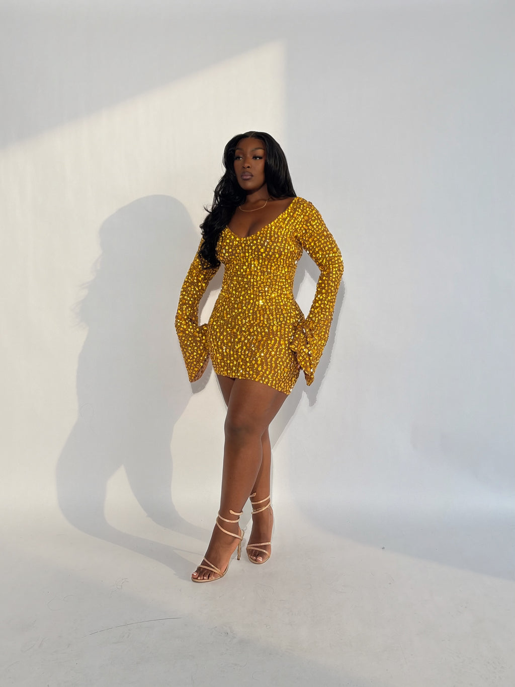 Tari V Neck Mini Dress - Gold
