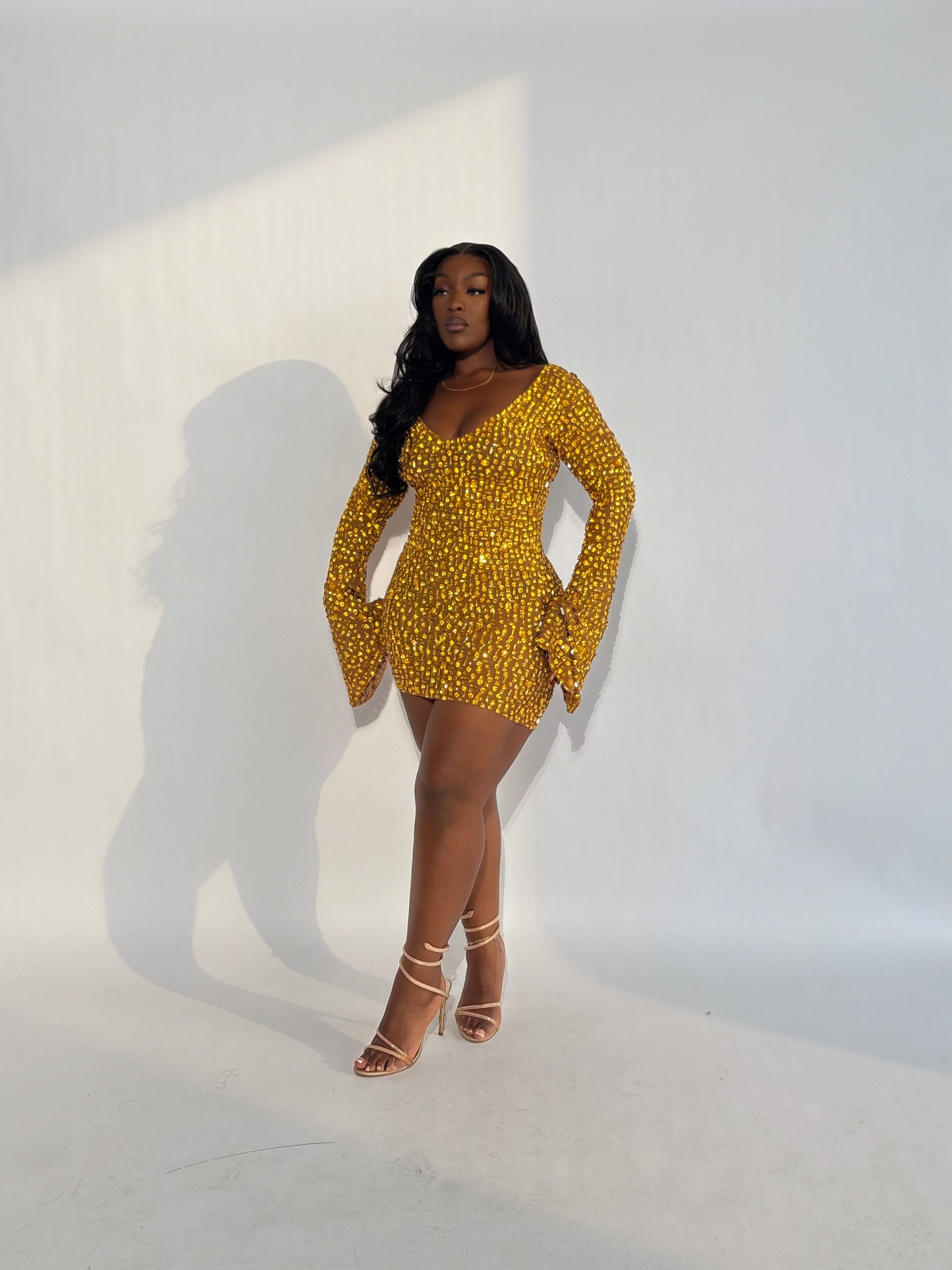 Tari V Neck Mini Dress - Gold