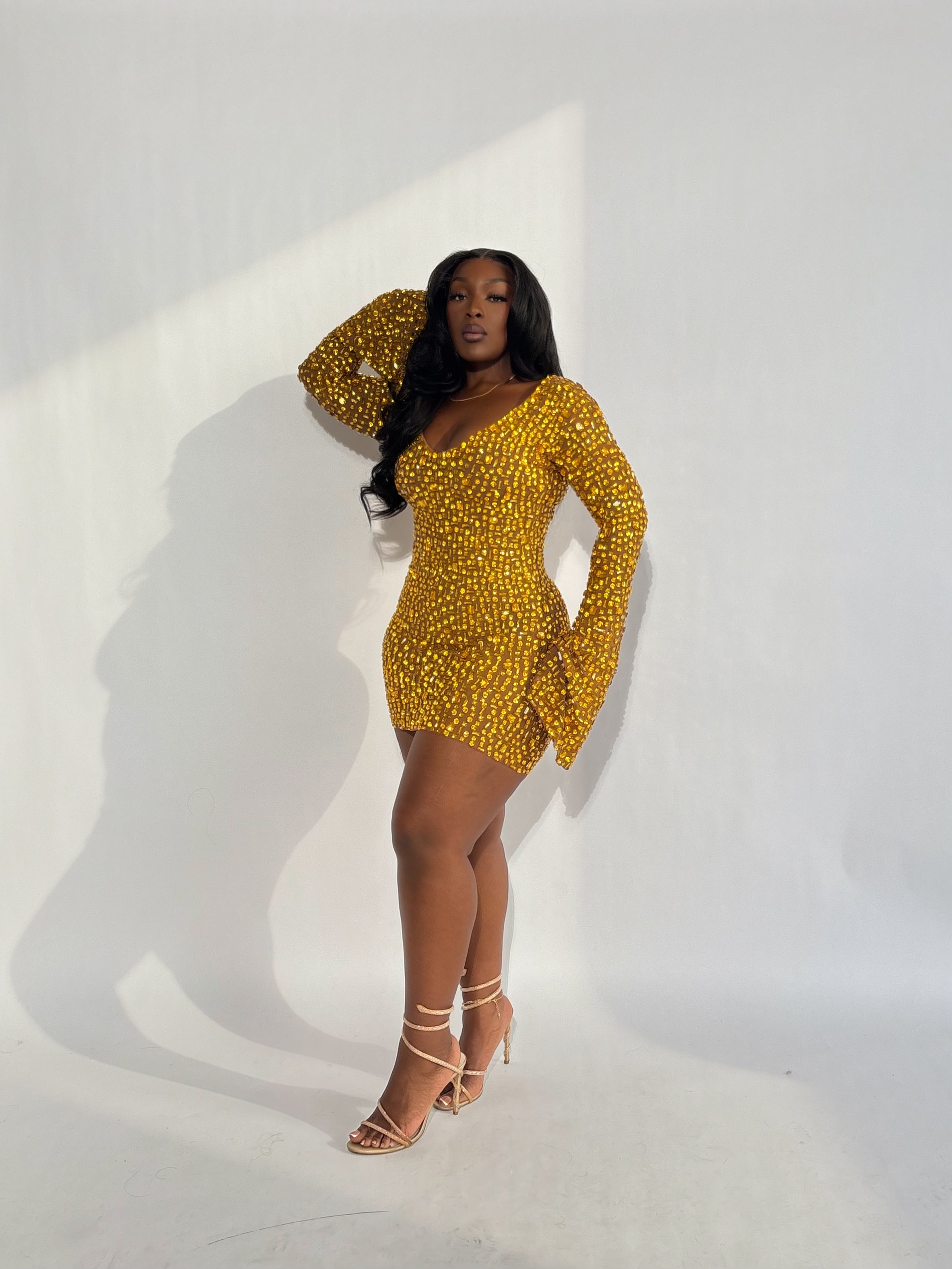 Tari V Neck Mini Dress - Gold